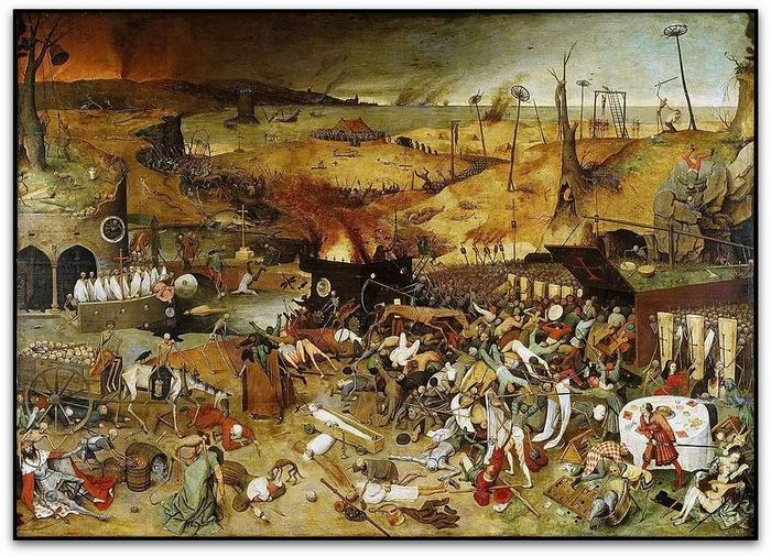 De Burgos, sur le Camino, il faut faire un détour de 240 km et se rendre à Madrid pour voir ce tableau "Le triomphe de la mort".La grande faucheuse est au centre du paysage. Sur la droite l'extermination relève d'une organisation toute militaire. Tout le monde y passe, tous trépassent!